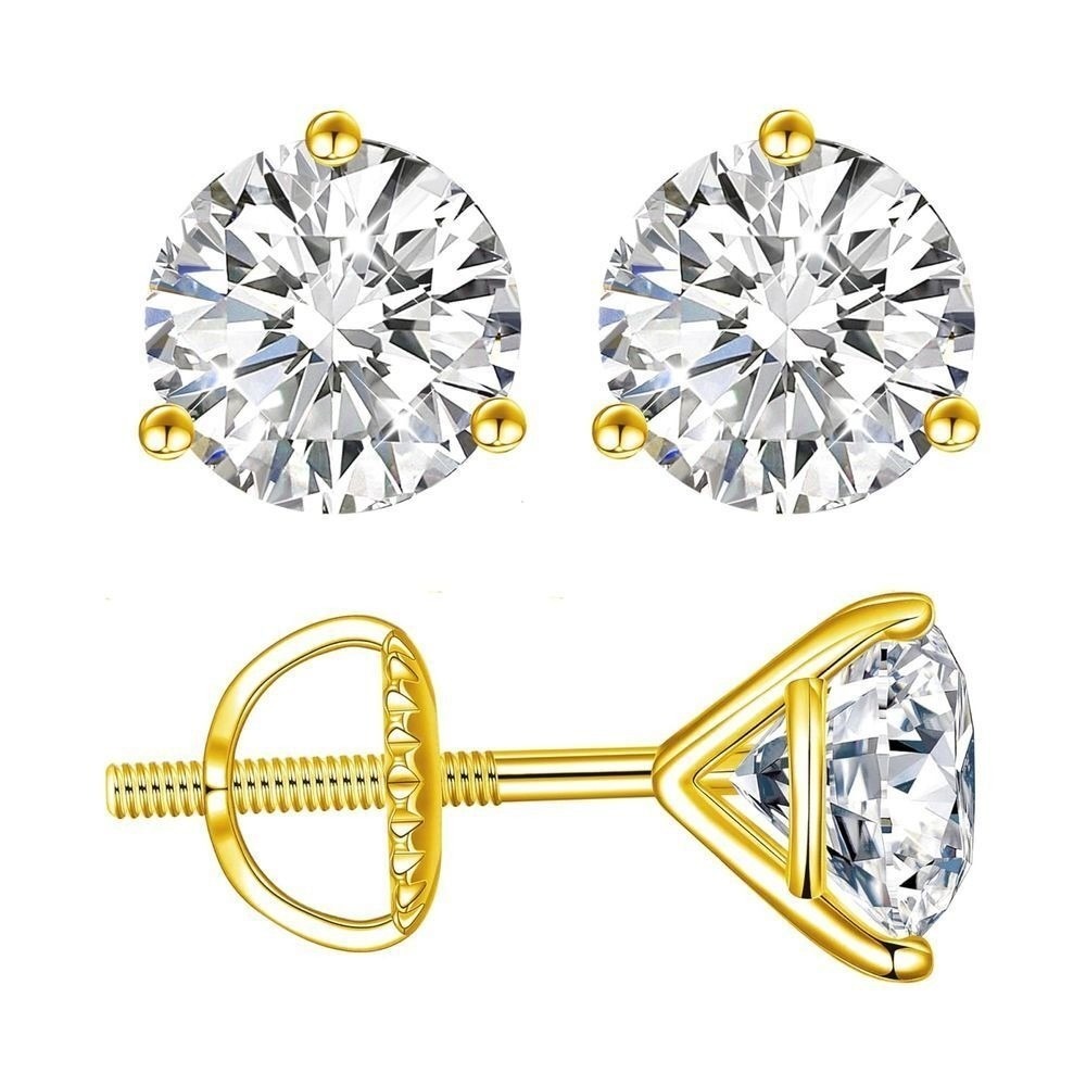 18K Gold Overlay 2CT TW, 3‎ Prong Moissanite Earrings VVS1 Brilliant Round Cut D